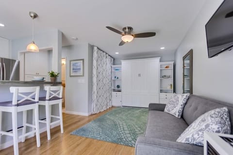 A queen size murphy bed and a full size pull out sofa bed can accommodate 4