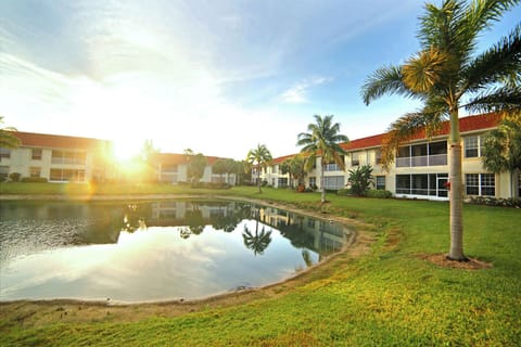 View from our lanai! Fountain at night. 