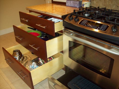 Pots, pans and small appliances for when you wish to eat 'in'.