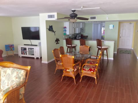 open floor plan with gulf water views throughout the unit