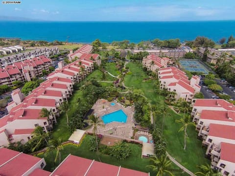 Aerial photo,our unit on left, end Bldg, right above pool,walk to beach