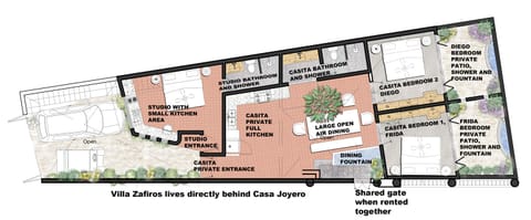 Overhead view of design of Casa Joyero. Studio at front, Casitas in rear. 