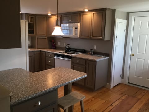 Kitchen from the living room, showing the fridge, stove, microwave, & peninsula.