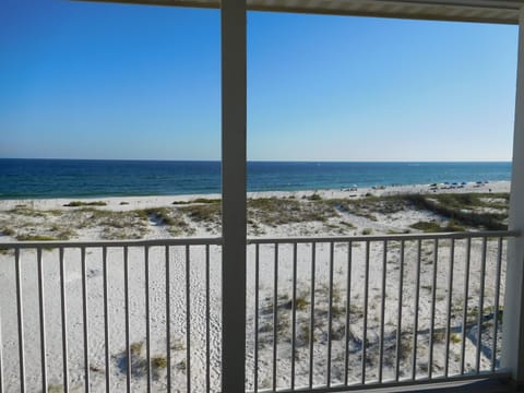 View of beach from second floor master bedroom's balcony: watch dolphins play!!