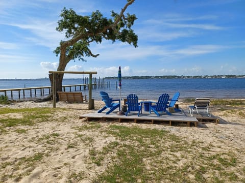 View from beach side platform to dock and bay