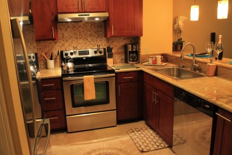 stainless steel appliances, utensils and pots and pans to cook gourmet meals