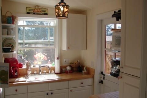 Bright sunny capable kitchen.