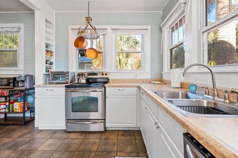 Stainless steel appliances.   Both drip and K-cup coffee makers.  