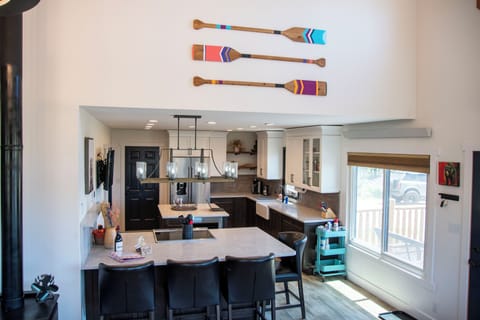 View into kitchen and bar space