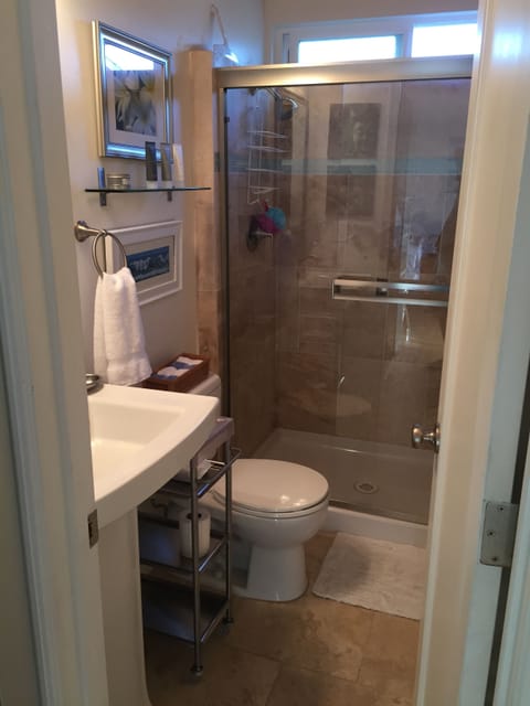 bathroom with pedestal sink and shower