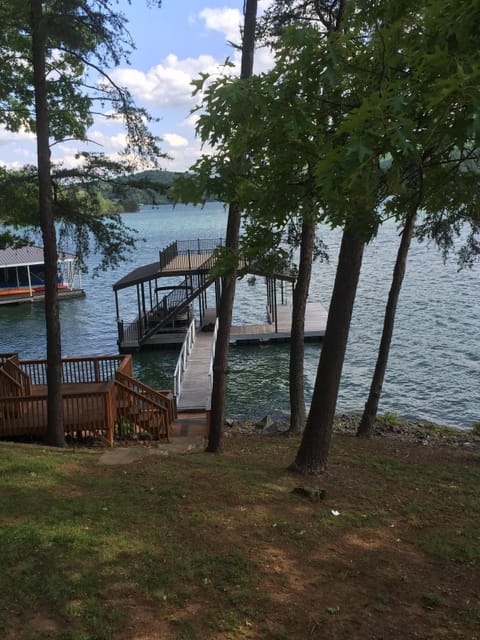 View of double deck dock from home.   Slight slope.  