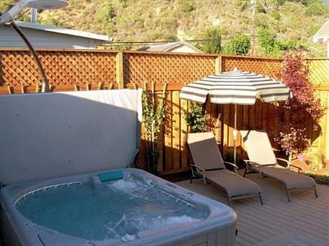 Clean, private hot tub with outdoor hot/cold shower