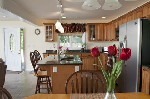 Kitchen area with island seating 