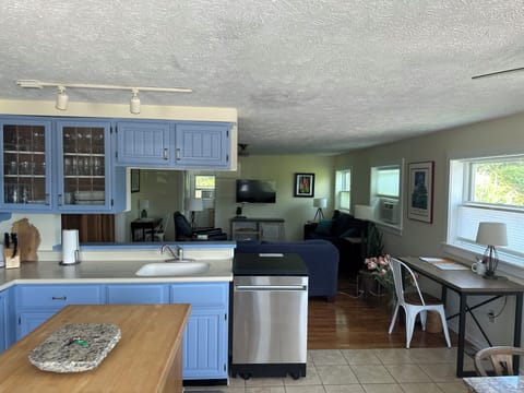 Kitchen and living room view from street entrance.