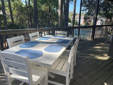 Our large deck overlooks the pool.