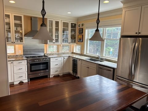 Kitchen with bar seating.