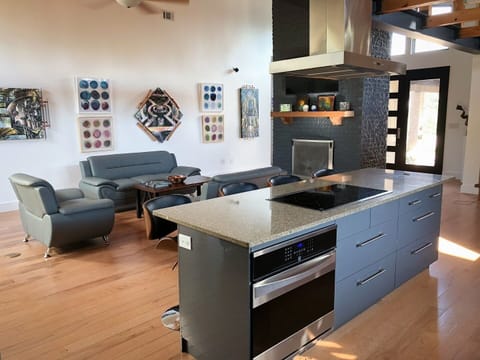 Living room with entry door view