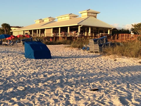 North beach club with restaurant, bar & beach chairs and umbrellas