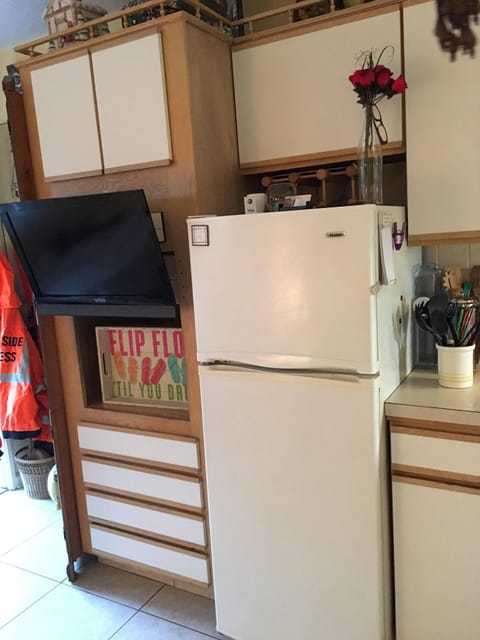 TV with cable and Refrigerator and Freezer.
