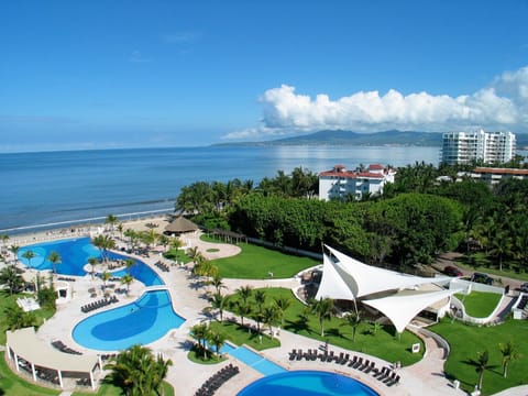 Amazing view from condo balcony overlooking the bay and pools
