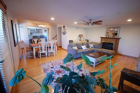 Living room, dining area and kitchen