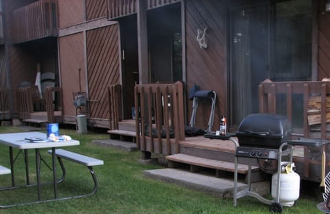 Backyard amenities include grill, foldable picnic table