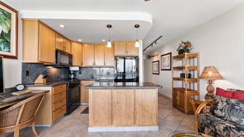 Kitchen with granite countertops.