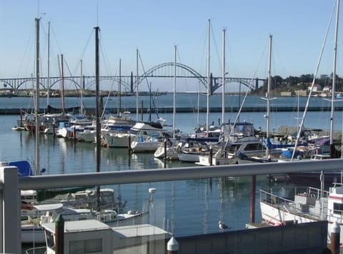 View from deck - marina, Yaquina Bay, sliver of ocean