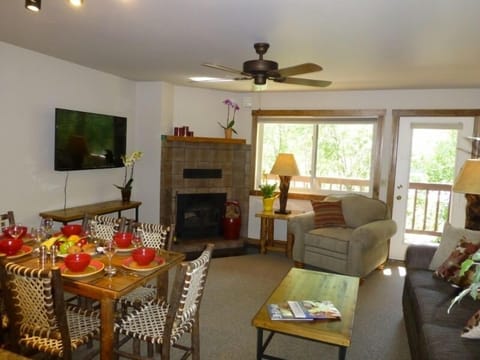Living room with wood burning fireplace and flat screen TV