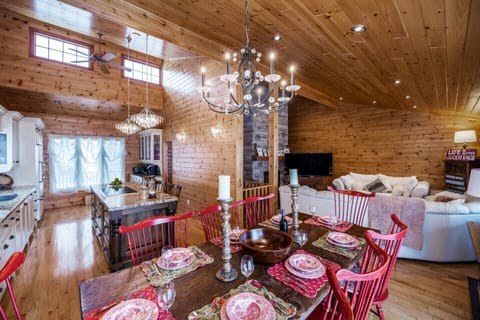 Stunning view of dining room, kitchen and family room