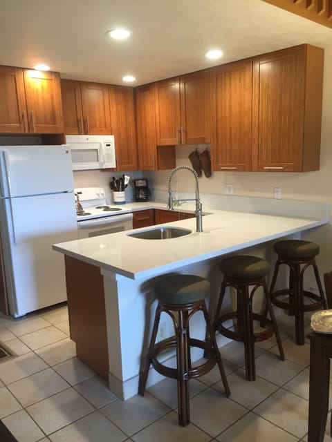 New kitchen 2017, White  quartz counters, high arc faucet new appliances