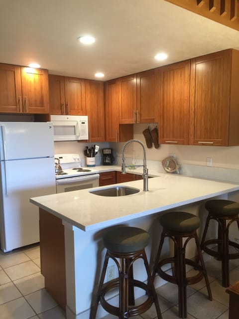 New kitchen May 2017, sparkley quartz countertops, bar seats 3
high arc faucet