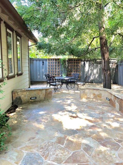 Enjoy outdoor dining under mature trees