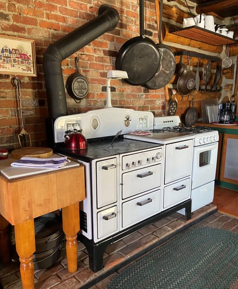 Old fashioned stove (it works!) and a modern range. 