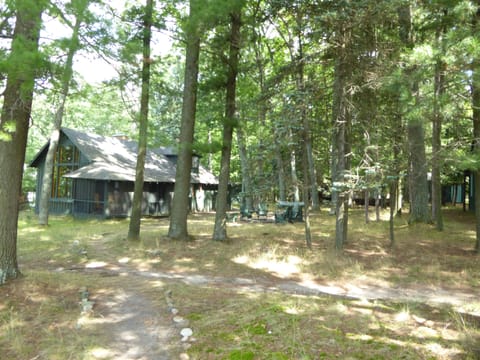 Cottage & side-yard w/fire-pit, Adirondacks, & ping-pong from the private deck.