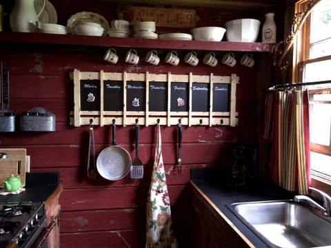 Partial galley kitchen view, ready for cooking and grilling.