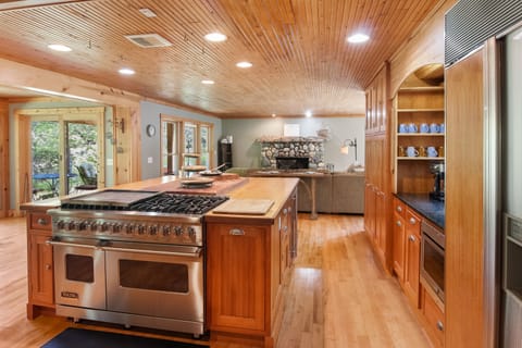 Kitchen with stainless steel professional stove.