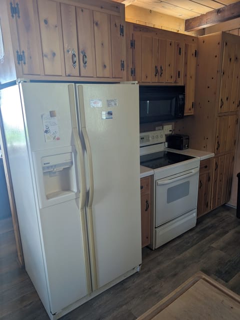 Fridge, stove, and microwave. Plenty of storage for food and dishes.
