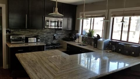 Large kitchen with bar. Dishwasher, 2 induction cooktops, combo microwave/oven