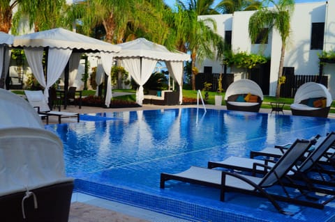 pool and dining area 