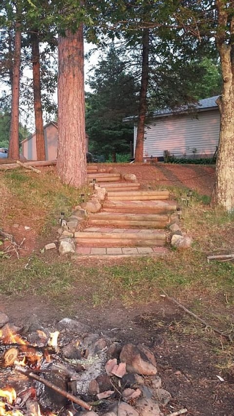 Stairway to beach and fire.