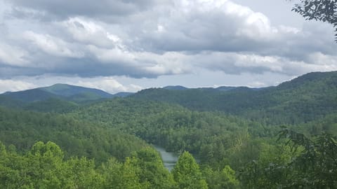 Mountain & lake view from cabin front porch & back deck.