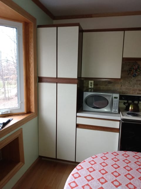 Kitchen cabinet, microwave and range north wall