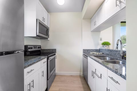 The kitchen features SS appliances and a contemporary granite countertop.
