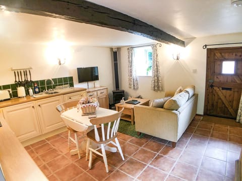 Living room with underfloor heating, Wood burning stove, Smart TV.