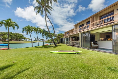 You can walk from the family room onto the lawn and private dock.