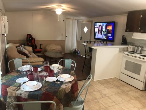 A 55" HD TV & sound bar that has major network local HD TV channels and Netflix.