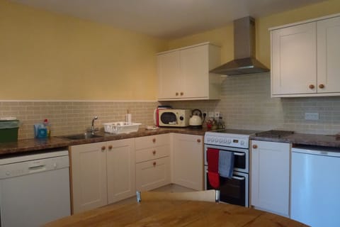 Kitchen area with fridge, dishwasher, microwave, toaster etc