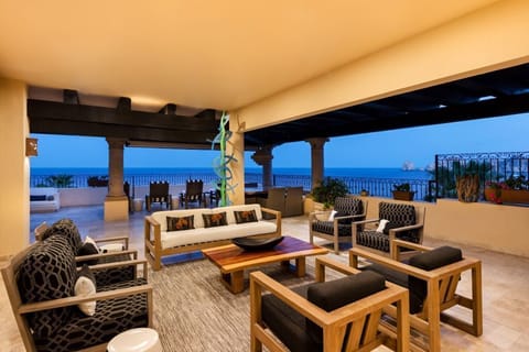 Outdoor terrace area overlooking the bay and Arch Rock
