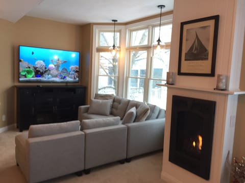 Living Room with bluetooth equipped entertainment center & surround sound.